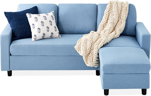 Upholstered Sectional Sofa for Home, Apartment, Dorm, Bonus Room, Compact Spaces W/Chaise Lounge, 3-Seat, L-Shape Design, Reversible Ottoman Bench, 680Lb Capacity - Light Blue