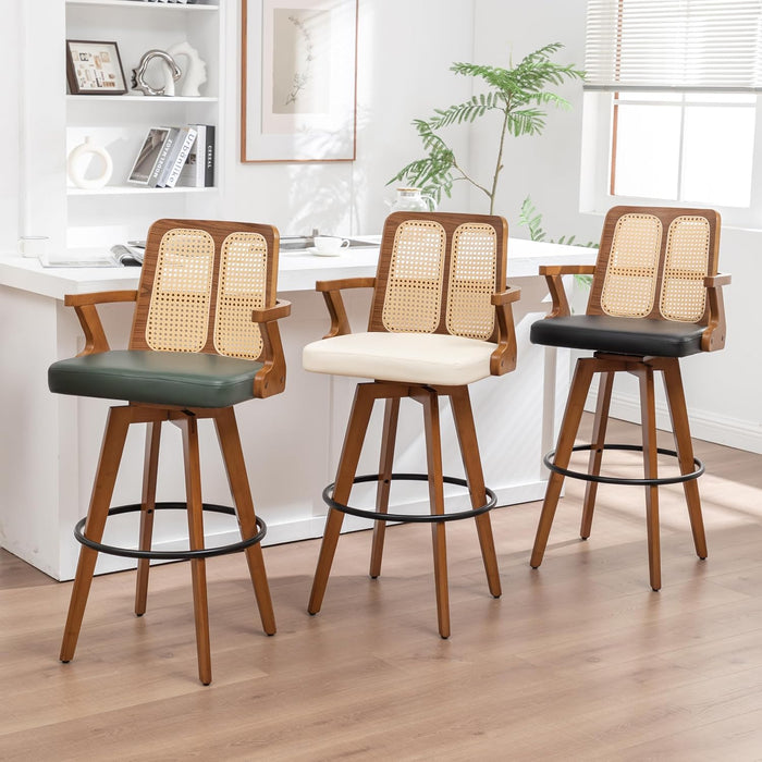 Mid Century Bar Stools, Rattan Swivel Bar Stools with Walnut Finish | Walnut Bentwood Frame, Rattan Back, Upholstered Seat, Curved Arms, Bamboo Legs, Kitchen Barstools for Bar, Pub, Island, Cafe