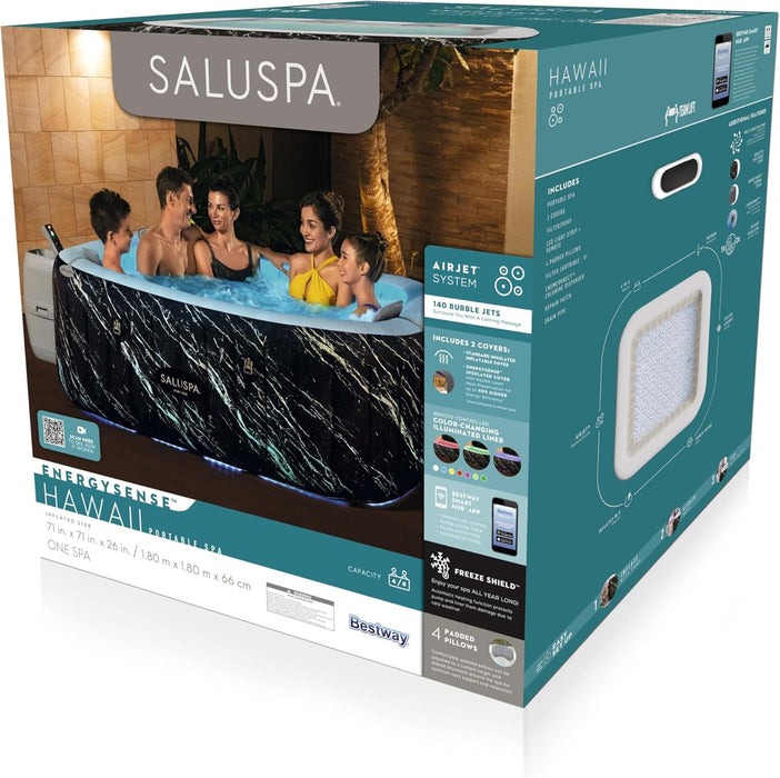 Saluspa Hawaii Energysense Smart Luxe Airjet Inflatable Hot Tub Spa (71" X 71" X 26") | Features LED Lights and App-Control | Fits up to 4-6 Persons