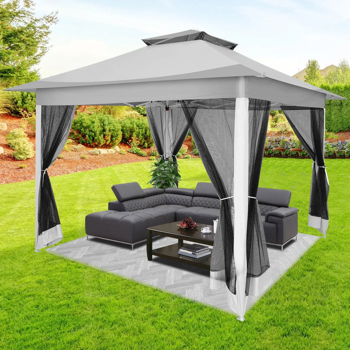 12X12Ft Outdoor Pop up Gazebo with Mosquito Netting, Instant Patio Canopy Tent for Shade and Rain, 2 Tiered Vente Gazebo Canopy for Garden Backyard with Carry Bag&4 Sandbags