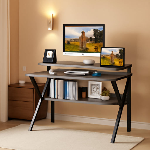 Small Desk, 27.5 Inch Small Computer Desk for Small Spaces, Compact Desk with Storage, Tiny Desk Study Desk with Monitor Stand for Home Office, Grey