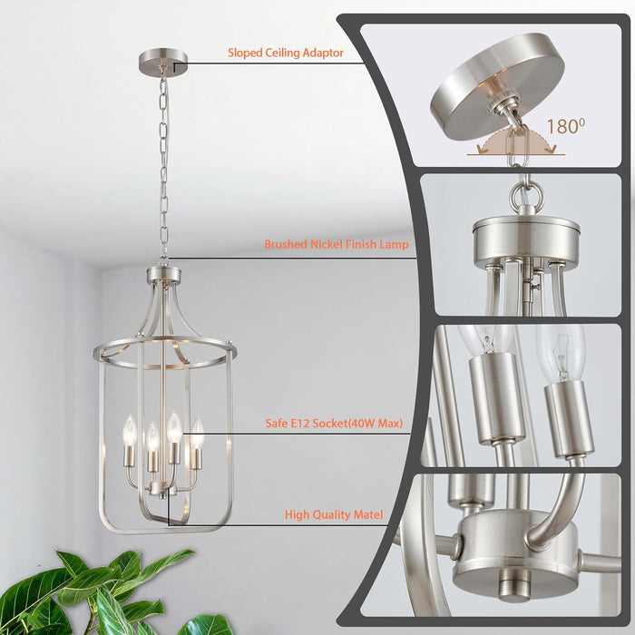 12.4" Brushed Nickel Lantern Chandeliers for Dining Room 4 Lights Farmhouse Geometric Cage Pendant Lighting Fixture Adjustable Height Hanging Lamp for Kitchen Island Entryway Living Room Foyer