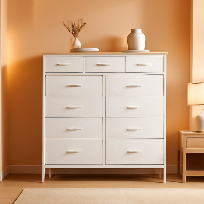 Compact 12 Drawers Dresser for Bedroom, Fabric Storage Tower, Chest of Drawers with Retro Wood Top for Closet, Nursery, Living Room