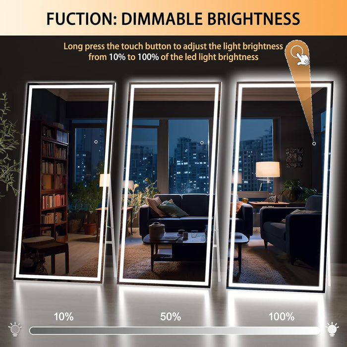 Full Length Mirror with Lights, 71" X 32" LED Lighted Floor Standing, Full Body Dressing Hanging Mounted Mirror, Dimmable, Tempered Glass, Safe to Use, Square White