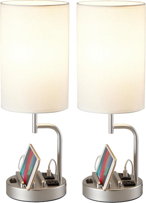 Table Lamp with 3 USB Charging Ports, Modern Desk Lamp with AC Outlet and Phone Stands, Perfect Bedside Lamp for Bedroom, Living Room, Office (Pack of 2), Silver
