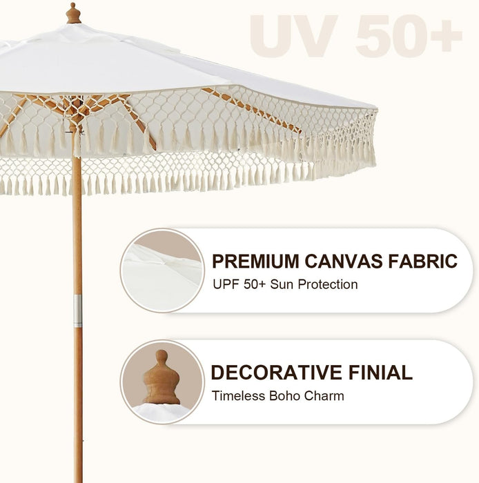 8.5Ft Luxury Premium Boho Patio Umbrella Wood Pole Fancy Bali-Style Outdoor Umbrellas UPF 50+ Sun Protection with Pulley Lift Air Vent Tassel Fringe for Garden, Pool, Deck, Beach, Backyard, Events