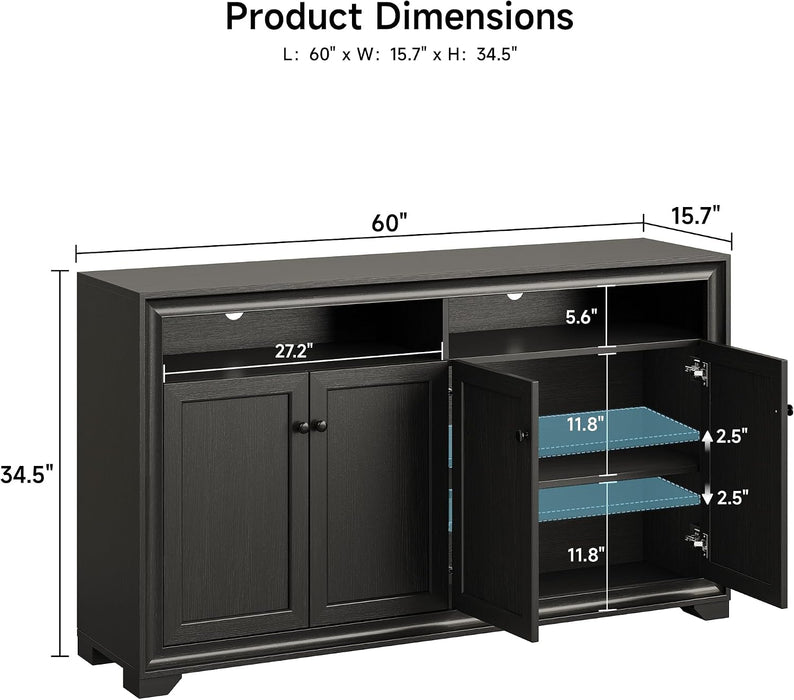 60 Inches Sideboard Buffet Cabinet with Storage and 4 Doors, Black