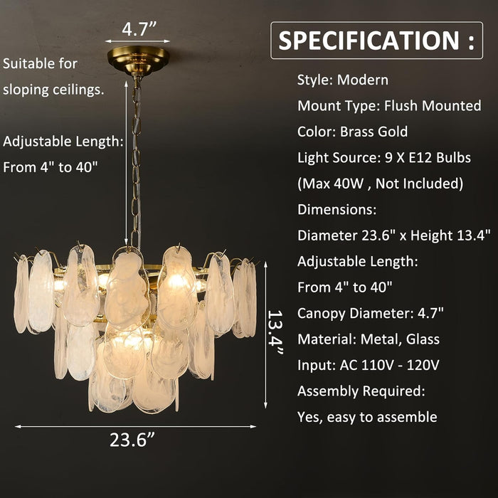 Gold Modern Chandelier 23In 9-Light Cloud Glass Pendant Light Mid Century Chandelier with White Shell Crystal Chandeliers for Bedroom Dining Room Living Room Kitchen Island Foyer