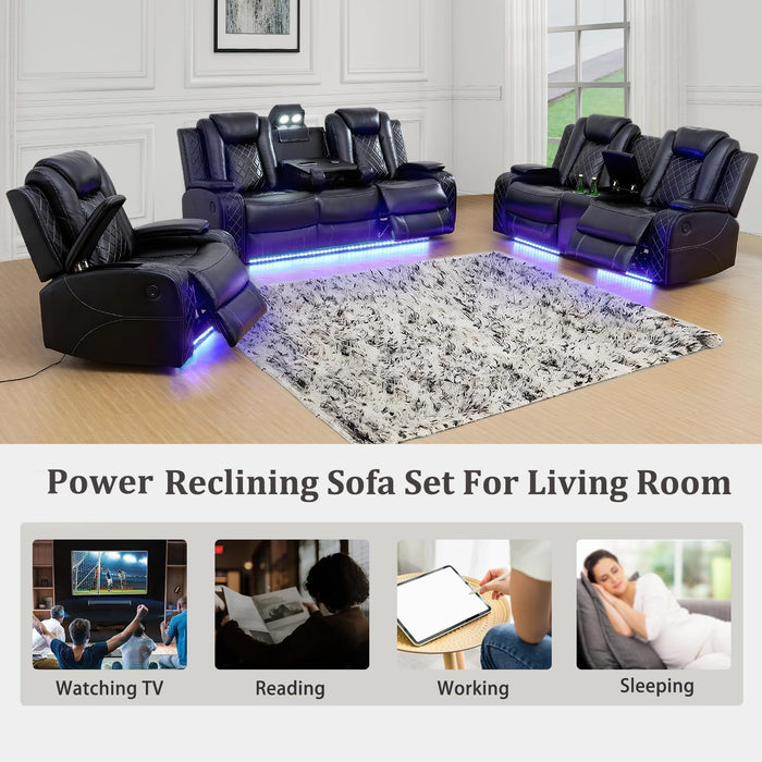 Power Reclining Sofa Set, Living Room Furniture Set with USB Ports, Leather Recliner Couches Set for Living Room/Apartment/Office/Home Theather (Black, Sofa+Loveseat+Chair)