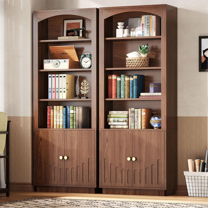 Book Shelf and Bookcases with Doors Floor Standing 6 Shelf Display Storage Shelves, 70.8" Tall Bookcase for Home Office, Living Room, Mid-Century Modern, Walnut Brown