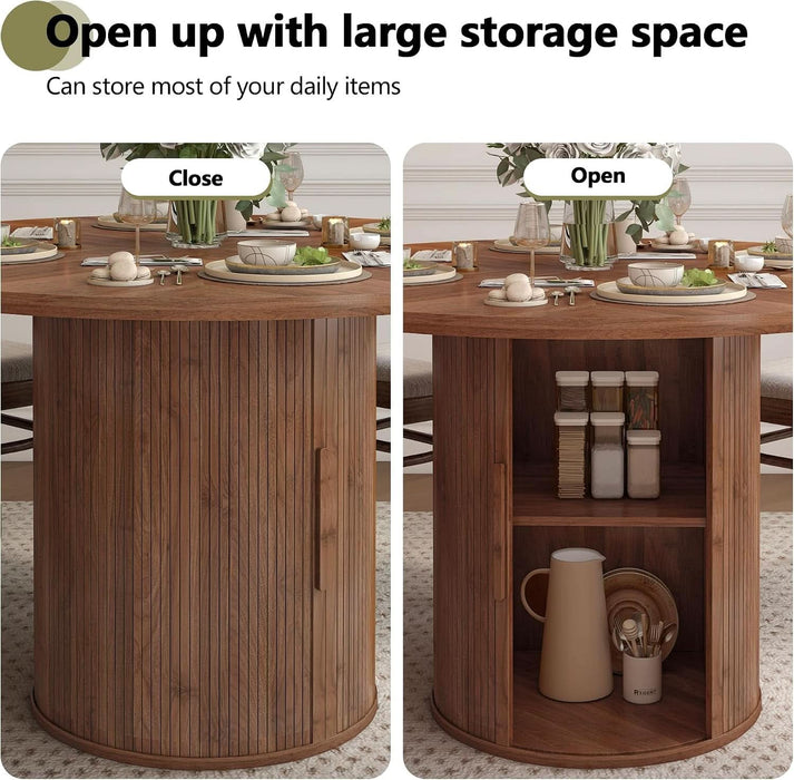 47 Inch round Dining Table for 4, Kitchen Table Dinner Table with 2-Layer Storage Shelf and Wood Slide Door for Home Dining Room Living Room (Walnut)