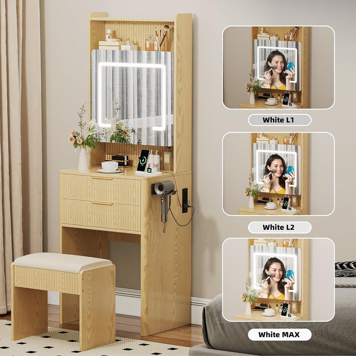 3 in 1 Vanity, Make up Vanity Desk with Mirror and Lights, Vanity Desk with Drawers and Storage, Modern Dressers for Bedroom, Wooden Dressing Table with Stool, 21.65X15.74X62.79 In