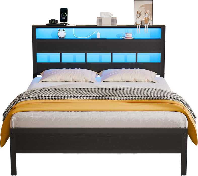 Full Size Bed Frame, Storage Headboard, LED & Charger, Black Oak