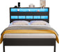 Full Size Bed Frame, Storage Headboard, LED & Charger, Black Oak