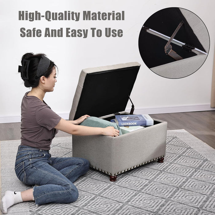 Storage Ottoman, 24" Linen Fabric Rectangle Bench Foot Rest Stool, Fabric Footrest Ottomans with Storage, Storages Seats for Living Room, Bedroom, Office