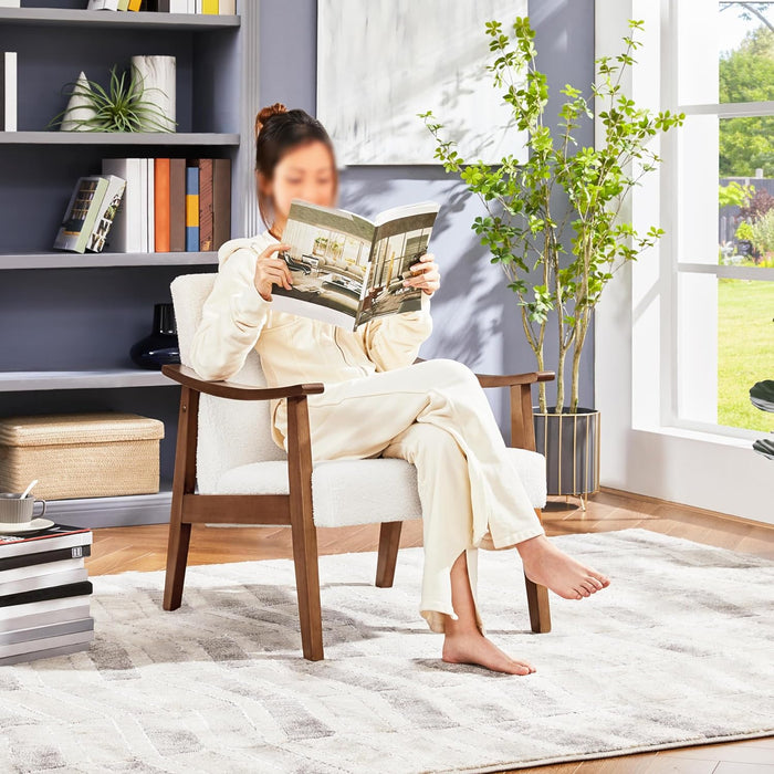 Fabric Accent Chair, Mid-Century Modern Armchair with Solid Wood Legs, Reading Leisure Chair with High Back for Living Room Bedroom Waiting Room, Set of 2, Ivory