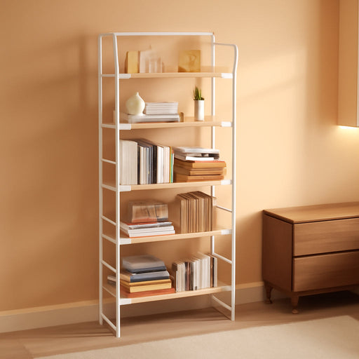 No Assembly 5 Tiers Folding Bookshelf Storage Shelves Vintage Bookcase Standing Racks Study Organizer Home Office (Natural White)