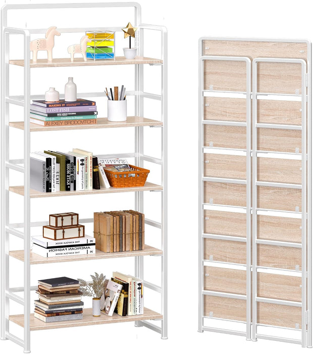 No Assembly 5 Tiers Folding Bookshelf Storage Shelves Vintage Bookcase Standing Racks Study Organizer Home Office (Natural White)