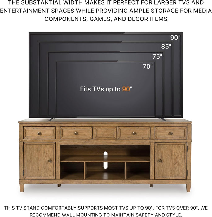 Sharlance Farmhouse 81" TV Stand for Tvs up to 93" with Adjustable Shelves and Wire Management, Light Brown