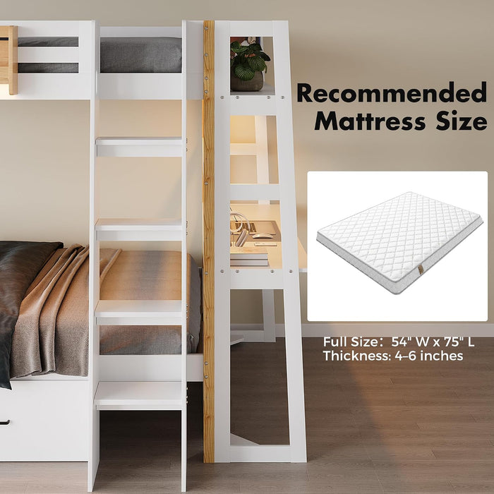 Wooden Twin over Twin Bunk Bed with Desk, Charging Station and LED Lights, Convertible Solid Wood Frame with Ladders and Drawers, Sturdy Wood Bunk Bed for Kids, Space-Saving (Twin over Twin)