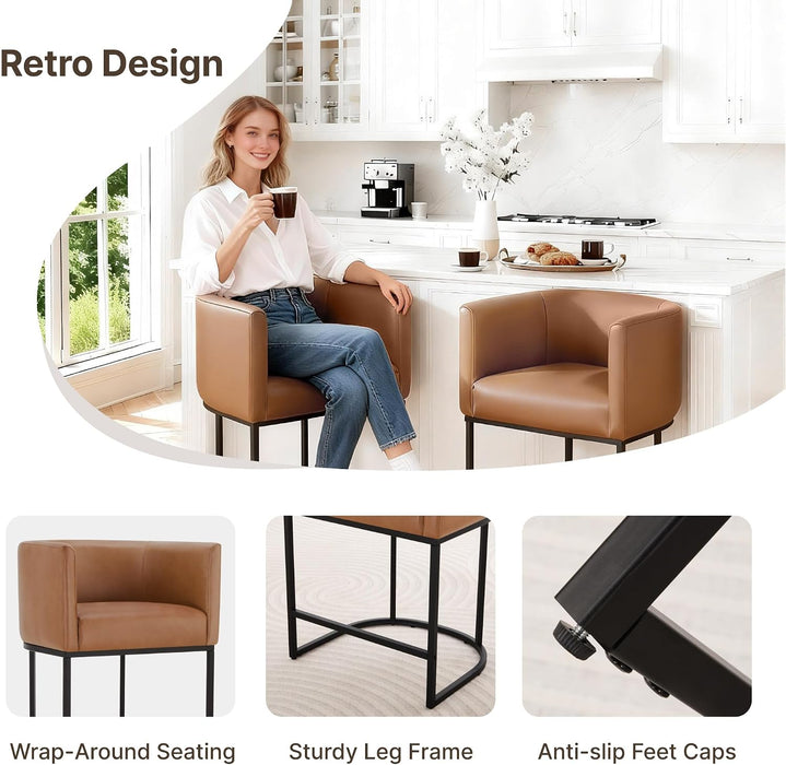 24" Counter Height Bar Stools Set of 4, Modern Barrel Counter Stools with Backrest and Arms, Faux Leather Upholstered Accent Barstools with Metal Legs for Kitchen Island,Brown