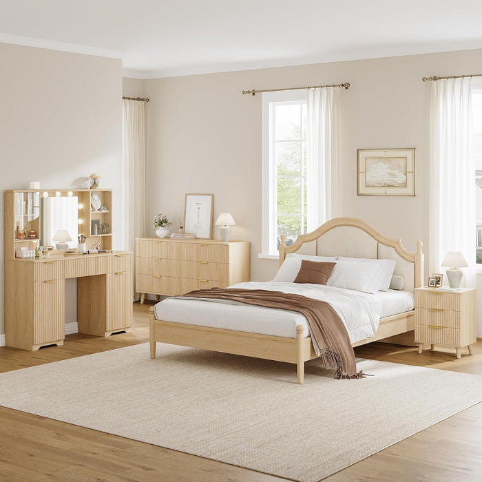 Fluted Makeup Vanity Desk with Mirror and Lights, Glass Top 48" Wood Vanities W/Charging Station , Dressing Table W/3 Drawers & 2 Large Storage Cabinets, Dustproof Organizer for Bedroom Gift(Natural)