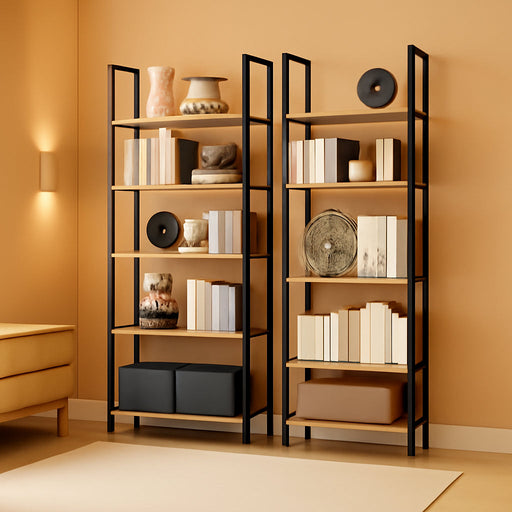 Triple Wide 5 Tier Bookshelf, Adjustable Rustic Industrial Style Book Shelves, Modern Bookcases and Bookshelves Furniture for Bedroom, Living Room and Home Office, Vintage Brown