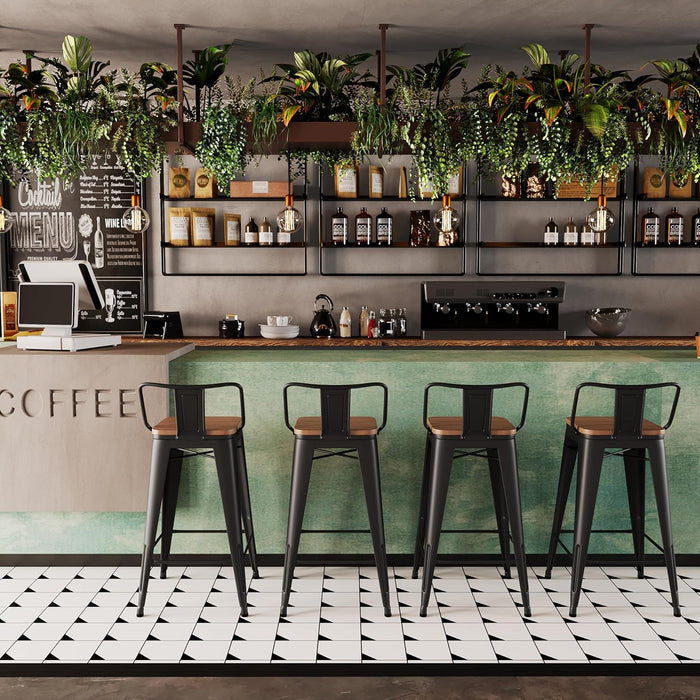 30" Low Back Barstools Metal Stool with Wooden Seat [Set of 4] Counter Height Bar Stools, Matte Black