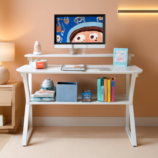 Small Computer Desk, 27.5 Inch Desk for Small Spaces with Storage, Compact Table with Monitor & Storage Shelves for Home Office, Modern Style Laptop Desk, Pure White