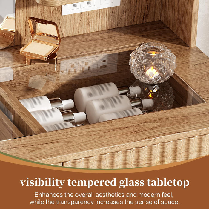 Large Makeup Vanity Desk with Mirror and Lights, Vanity Desk with 6 Drawers & Storage Shelves, Vanity Table with Power Outlet, 3 Color Modes & Adjustable Brightness Dressing Table, Bedroom,Wood