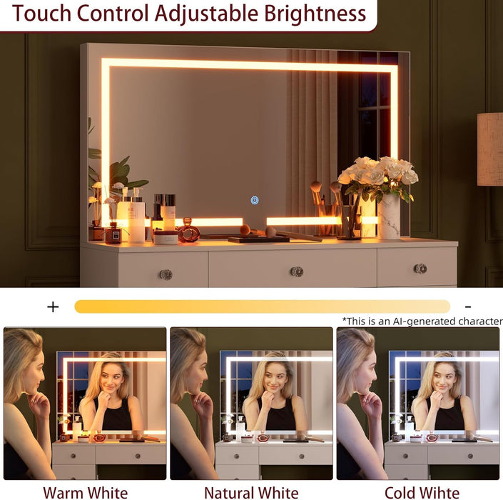 White 43 Inch Makeup Vanity Desk LEDIlluminatedMirror