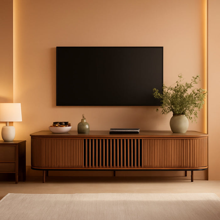 Fully-Assembled Mid Century Modern TV Stand for 75+ Inch TV, Sliding Door Entertainment Center with Storage, Wood TV Console, Media Console for Living Room Bedroom(Walnut, 94.49")