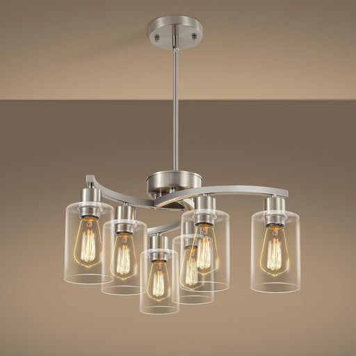 6 Light Farmhouse Brushed Nickel Chandelier,21.7" Modern Chandeliers for Dining Room Light Fixtures over Table,Pendant Lights Kitchen Island,Metal Bracket with Downward Clear Glass Shade