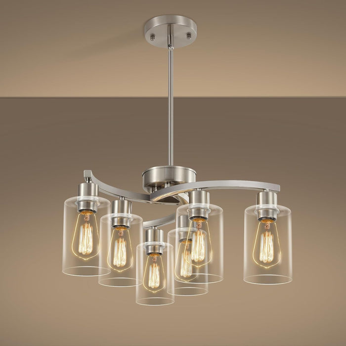 6 Light Farmhouse Brushed Nickel Chandelier,21.7" Modern Chandeliers for Dining Room Light Fixtures over Table,Pendant Lights Kitchen Island,Metal Bracket with Downward Clear Glass Shade