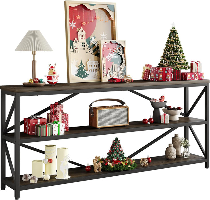 Industrial Console Sofa Table,70.8 Inch Extra Long Entryway Table with 3 Tier Wood Storage Shelf for Living Room, Hallway, Entrance, Narrow Sofa Table with Metal Frame, Black and Brown