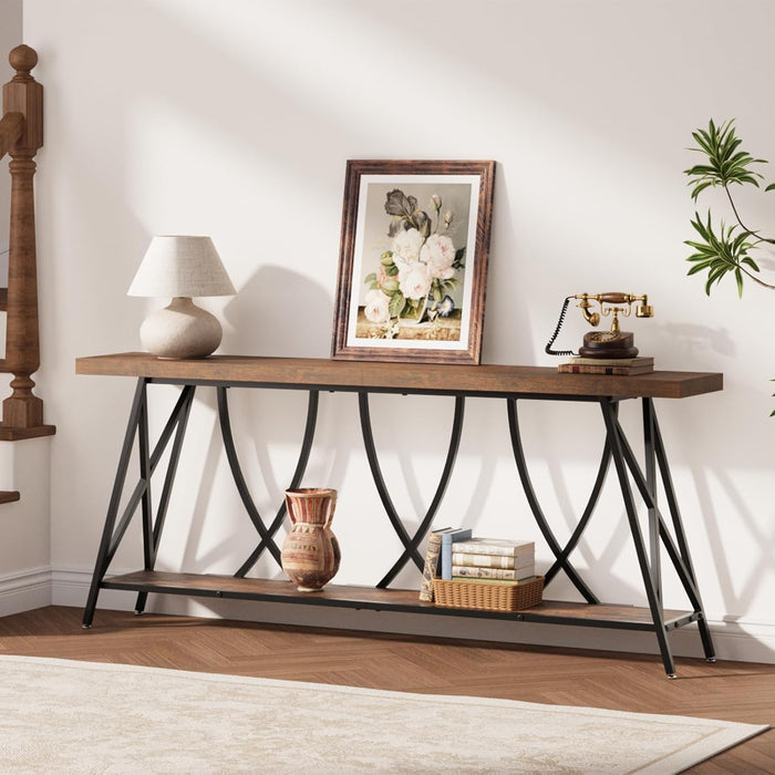 70.9" Narrow Console Table for Entryway, Industrial Long Sofa Table behind Couch, Farmhouse Hallway Table with Storage for Living Room, Entrance, Foyer, Rustic Brown