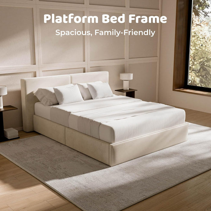 Cloud Queen Platform Bed Frame with Plush Headboard 6-Inch, Easy Assembly, Noise-Free Stability (Beige, Queen (U.S. Standard))