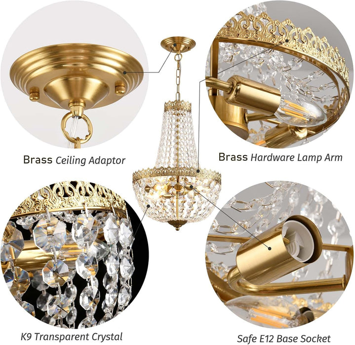 Mini French Empire Crystal Chandelier 4 Lights Pendant Lighting Fixture for Dining Living Room Foyer Kitchen Bedroom Entryway,Antique Brass,E12,19.7" Hx12.6 W