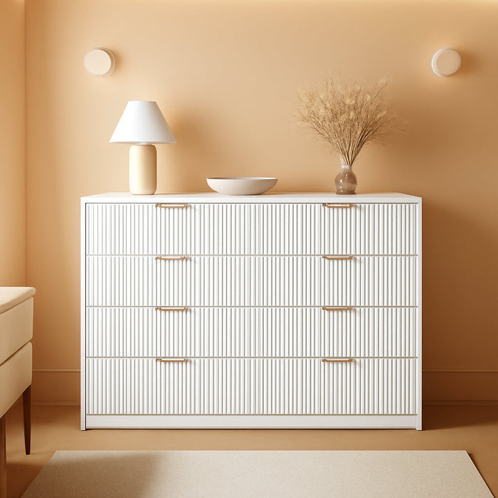 Modern Fluted 8-Drawer Dresser, Large Capacity Chest of Drawers, with Metal Handles & Anti-Tip, Wooden Storage Organizer for Bedroom, Living Room, Hallway, White