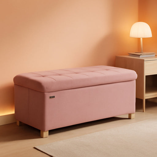 Storage Ottoman Bench, Folding Storage Chest, 15 X 30 X 15.2 Inches, Foot Rest Stool, 20 Gal. (77 L), Velvet Surface, for Bedroom, Entryway, Living Room, Jelly Pink ULSF0517R01