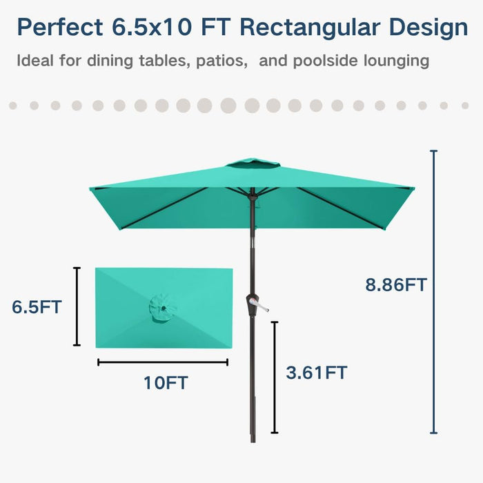 6.5' X 10' Rectangular Patio Umbrella Large Outdoor Market Umbrella W/ UV Protection, Push Button Tilt and Crank Lift, Rectangle Table Umbrella for Garden, Deck, Pool, Patio, Turquoise Blue