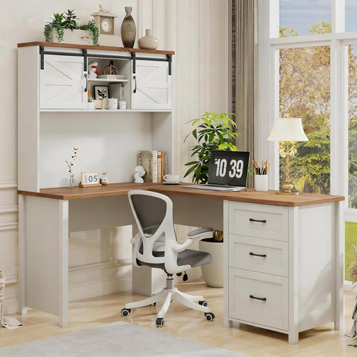Farmhouse 68" H L Shaped Desk with Hutch,Office Table with 3 Drawers and Sliding Doors, Executive Desk with File Drawers,Workstation for Home Office & Study, Unique White.