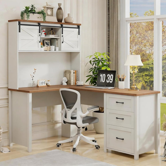 Farmhouse 68" H L Shaped Desk with Hutch,Office Table with 3 Drawers and Sliding Doors, Executive Desk with File Drawers,Workstation for Home Office & Study, Unique White.
