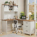 Farmhouse 68" H L Shaped Desk with Hutch,Office Table with 3 Drawers and Sliding Doors, Executive Desk with File Drawers,Workstation for Home Office & Study, Unique White.
