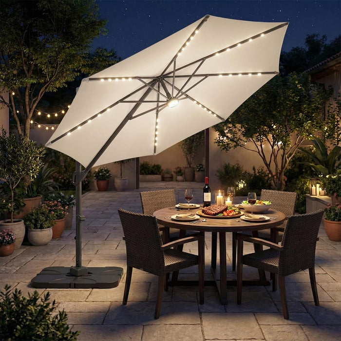 10 FT Solar Patio Umbrella with Base Included, Cantilever Offset Outdoor Umbrella with 35 LED Lights & Center Light, 360° Rotation, Aluminum Pole, 8 Heavy-Duty Ribs for Yard Pool Deck