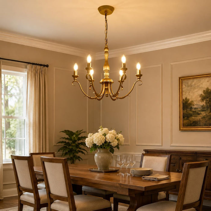 Farmhouse Vintage Antique Brass Chandelier: Distressed Gold Candle Fixture