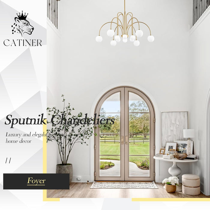 Large Sputnik Chandeliers 12 Lights Modern Gold Chandelier for High Ceiling L52” Mid Century Ceiling Pendant Light Fixtures with Milk Glass Globe Shades for Living Dining Room Foyer Staircase