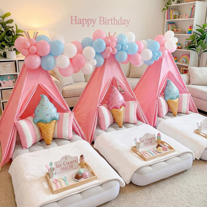 Pink Sleepover Teepee Tent for Kids-2 Pack Tipi Playhouse for Kids with Lights& Flag& Inflatable Airbed -Indoor/Outdoor Foldable- Slumber Party Tent -Sleepover Party Supplies