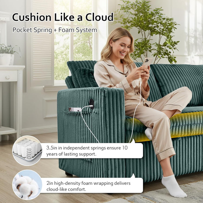 65Inch Sleeper Sofa Bed CorduroyFabric Emerald Green