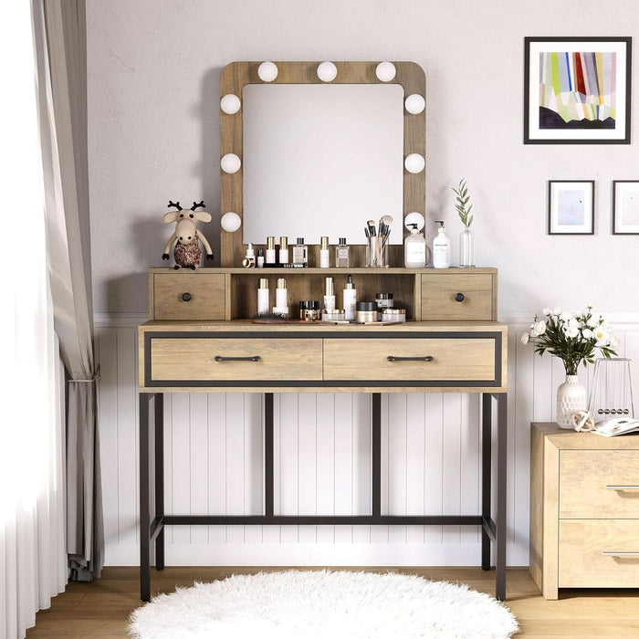 Vanity Desk with Mirror and Lights, Makeup Vanity with 3 Color Dimmable Lighted Hollywood Mirror, Brown Makeup Table with 4 Drawers, Large Dressing Table for Women Girls